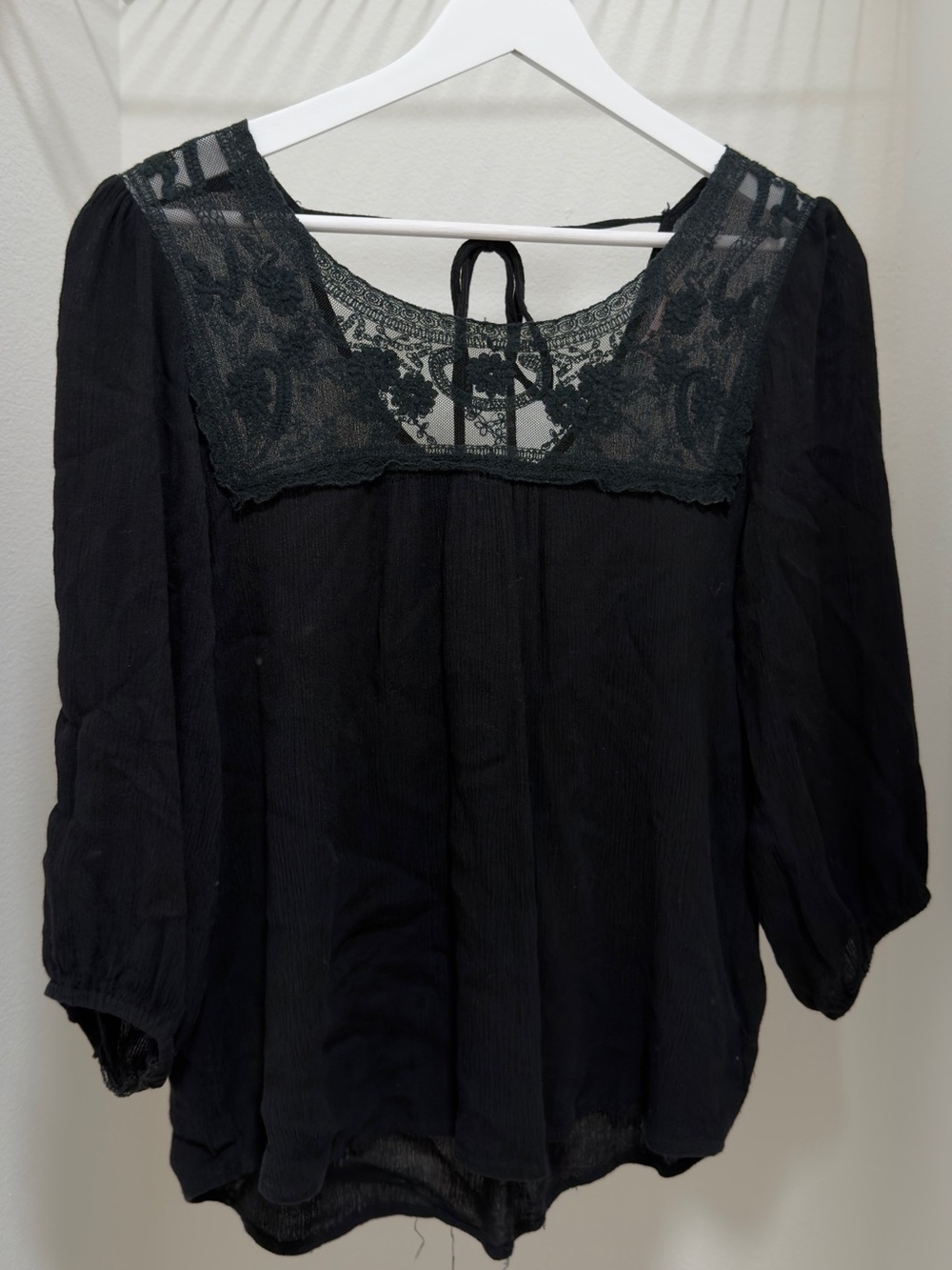 Elegant Black Lace Yoke Blouse with Tie-Back